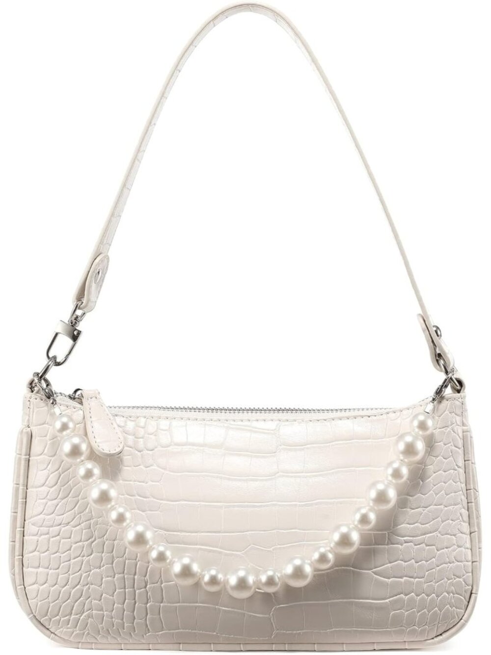 Women’s White Pearl Crocodile Pattern Shoulder Bag Chain Handbag Clutch Purse